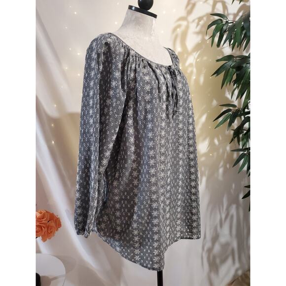 Ralph Lauren Chaps Sheer Eyelet 3/4 Sleeve Peasant Top Size L Tie Neck Cottage - Picture 4 of 11